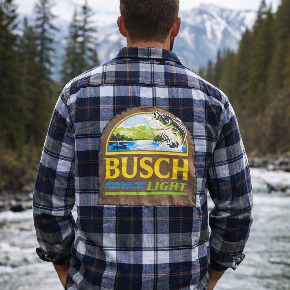 Busch Light Flannel Shirt Men’s Plaid Back Patch Outdoor Fishing Upcycled XXL